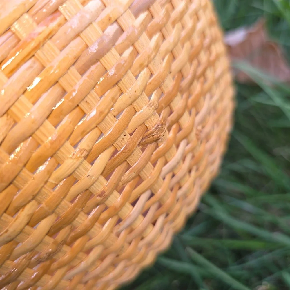 Hand Woven Nantucket Style Round Basket Wood Base Fixed Handle Honey Brown 10in